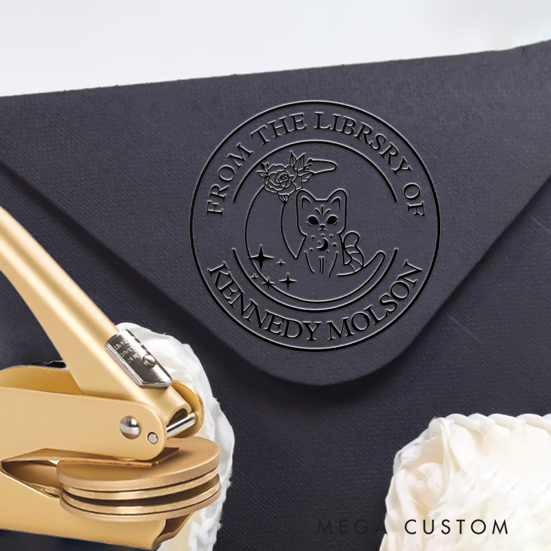 Personalized Moon and Sun Cat Creative Embosser Book Envelope Stamp with Text Birthday Appreciation Gift for Book Lovers Gift Librarian Gift