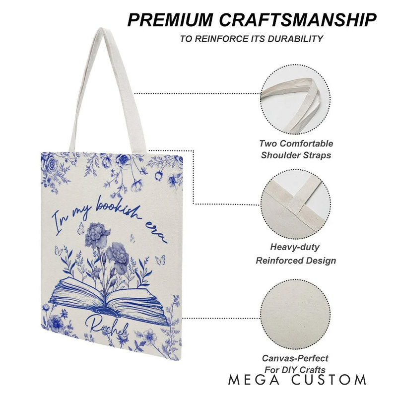 Personalized in My Bookish Era Toile Tote Bag Birth Flower Canvas Bag with Name Birthday Gift for Reading Lover Bookworm Bookish Gift