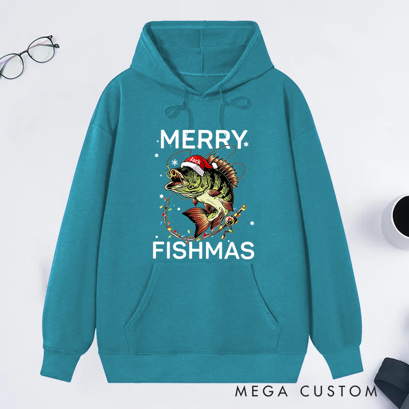 Personalized MERRY FISHMAS Fishing Hoodie Christmas Fishing Gift Funny Christmas Design Perfect Gift for Fishing Lover to Celebrate the Holiday Season