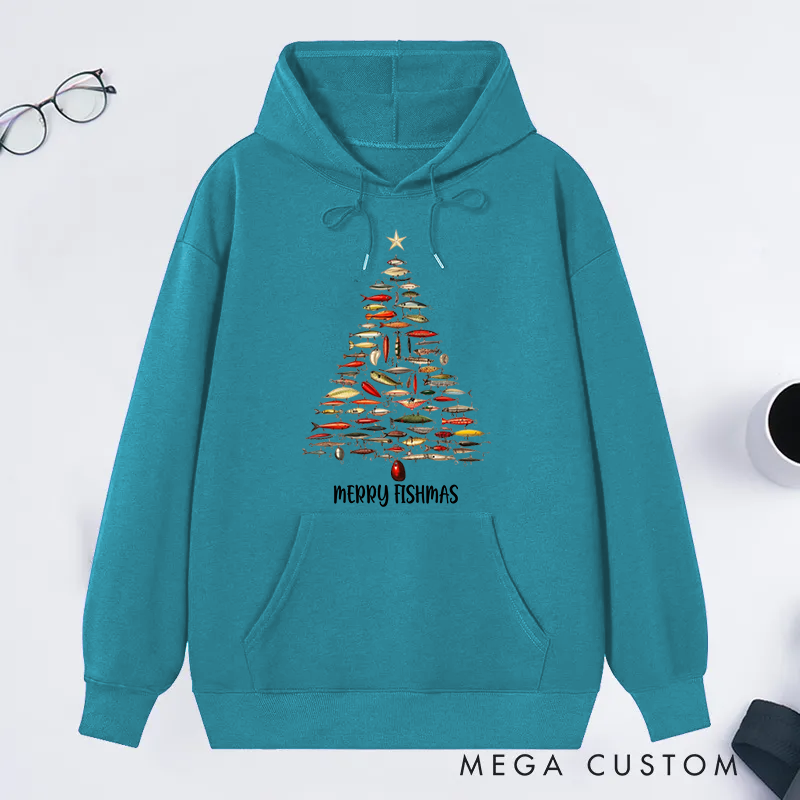 Personalized Fishing Hoodie Classic Hoodie Fishing Lure Christmas Tree Design Perfect Gift for Fishing Lover During the Holiday Season