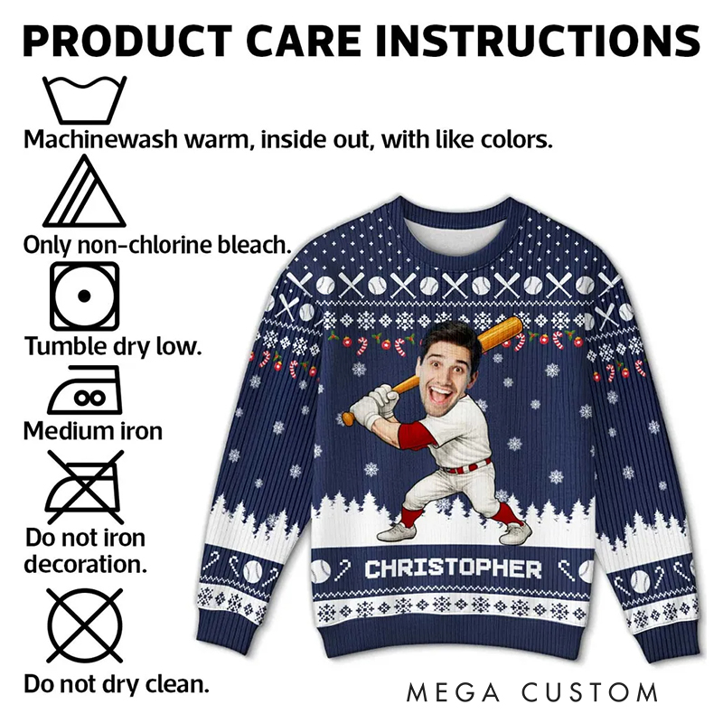 Personalized Baseball Christmas Ugly Sweatershirt with Custom Face and Name  