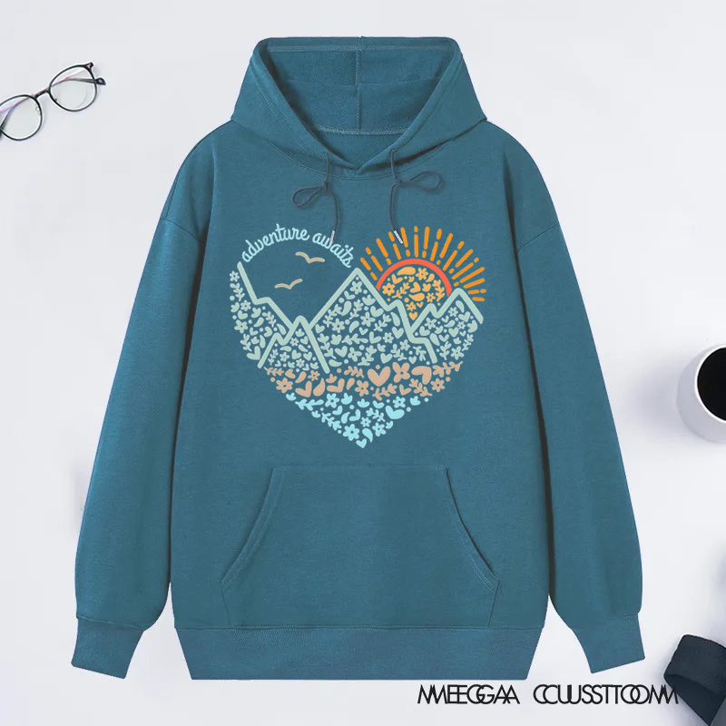 Personalized Adventure Awaits Hoodie Mountains Heart Hoodie, Adventure Hoodie Nature Lover Hoodie Hiker Camping Gift