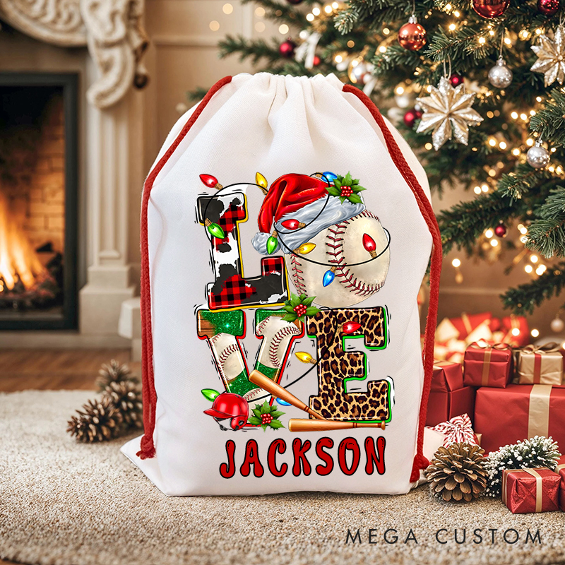 Personalized "Love Baseball" Christmas Sack with Custom Name Design