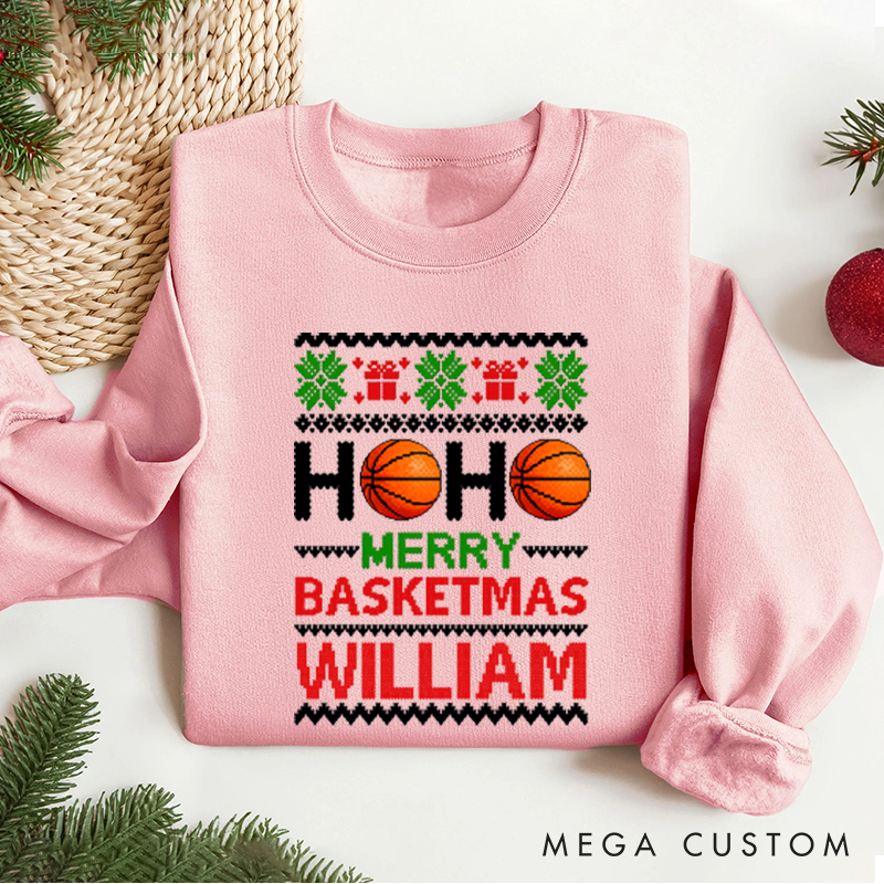 Personalized Basketball Christmas Sweatshirt with Festive Design and Custom Name
