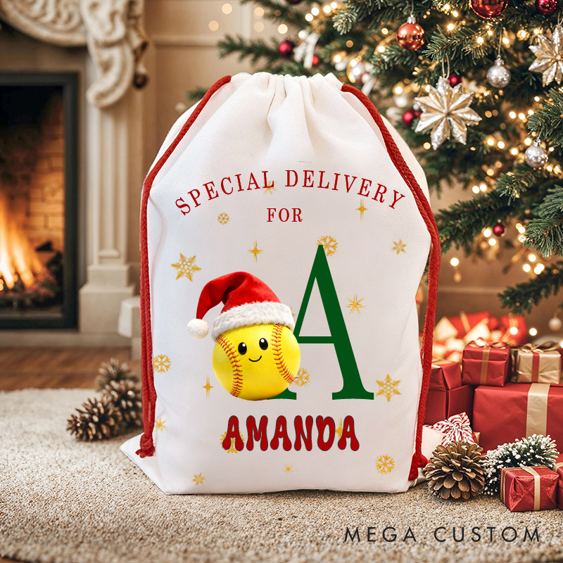 Personalized "Special Delivery" Christmas Sack with Sporty Santa Hat Design and Initials and Sport Icon