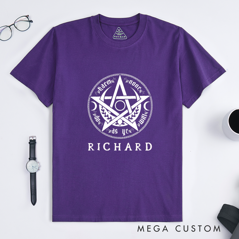 Personalized Wiccan Pentagram T Shirt Classic Witchcraft Protection Symbol Gift for Men and Women Spiritual Pagan Clothing Custom Name Present