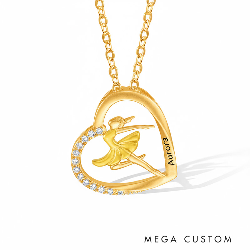 Personalized Ballet Dancing Girl Necklace Engraved Name Heart Pendant Jewelry Gift for Ballerina Dancer Dance Lovers