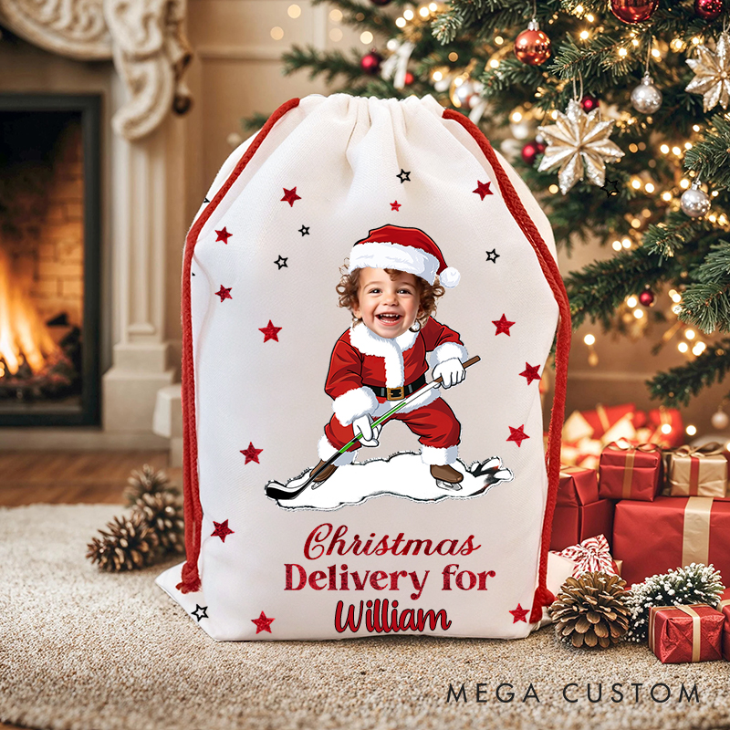 Personalized Santa Playing Sports Christmas Sack with Custom Name and Unique Photo
