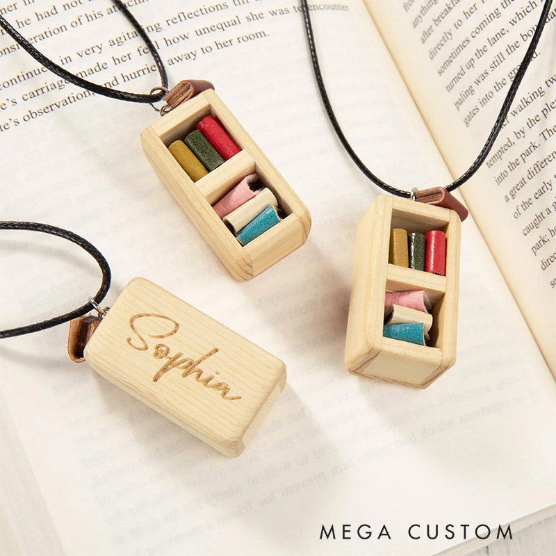 Personalized Handmade Miniature Bordeaux Bookshelf Necklace with Name Wooden Necklace with Name and Leather Books Gift for Bookworms Book Lovers Gift
