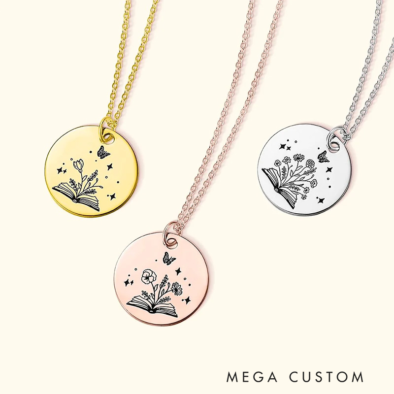 Personalized Open Book Birth Flower Bouquet Necklace Engraved Necklace with Name Text Birthday Gift for Book Lover Librarian Gift