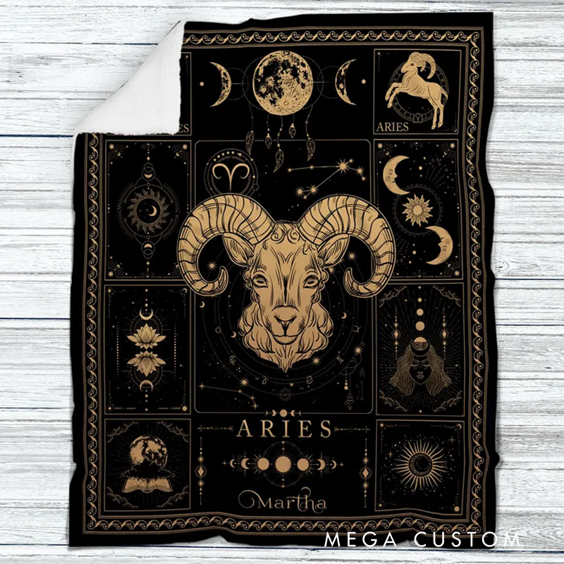 Personalized Zodiac Aries Blanket Customized Name Constellations Blanket 12 Horoscope Astrology Blanket, Horoscope Blanket Gift for Aries