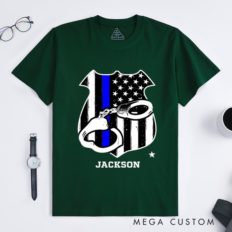 Personalized Thin Blue Line Police Shield T-Shirt with Handcuff and American Flag Design Gift for Law Enforcement Supporters