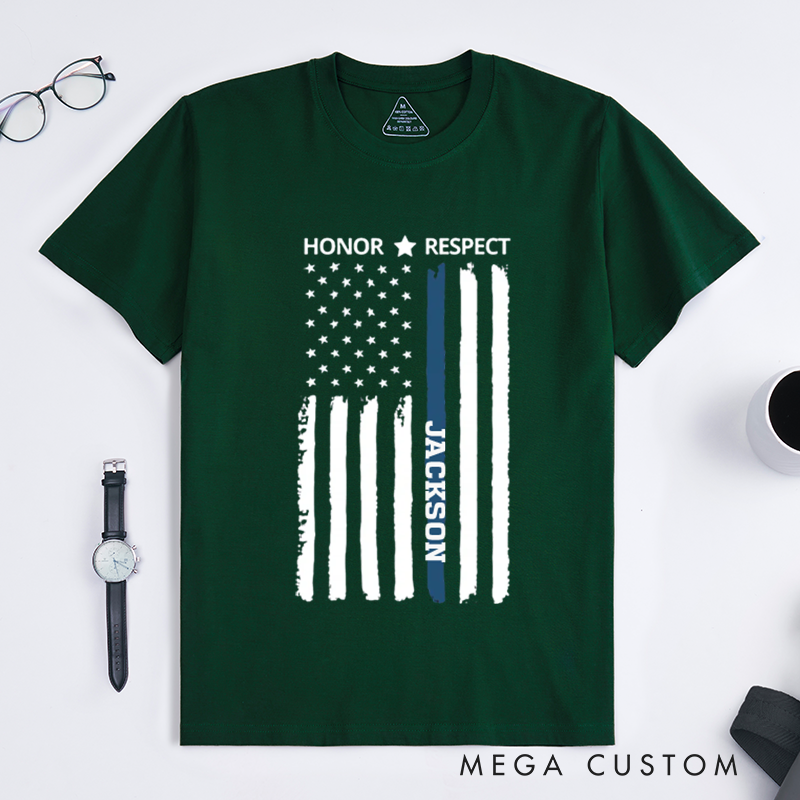 Personalized Honor and Respect T-Shirt with Thin Blue Line American Flag Design Gift for Law Enforcement Supporters