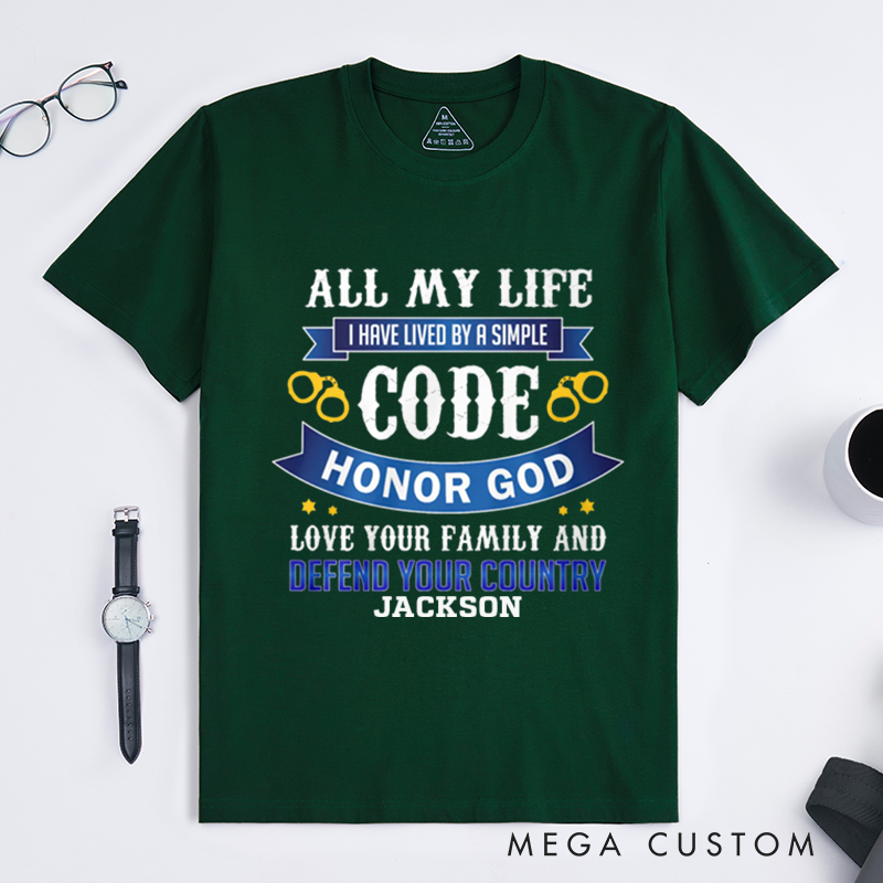 Personalized Simple Code T-Shirt God Family and Country Featuring Handcuffs Gift for Patriotic Law Enforcement Supporters