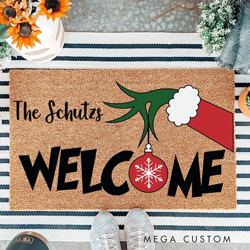 Personalized Green Welcome Christmas Door Mat Funny Holiday Welcome Mat With Santa Hat Green Inspired Doormat Cute Christmas Entry Rug Xmas Porch