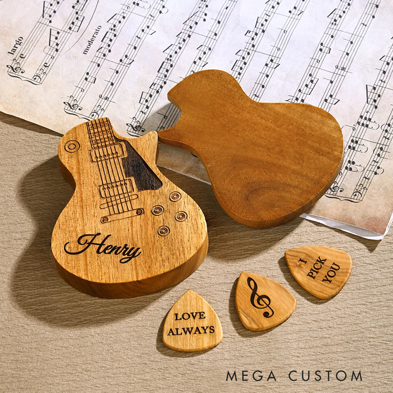 Personalized Wooden Guitar Picks with Storage Case Engraved Holder Box for Pick Set Gift for Guitar Player Musician Birthday Gift Idea