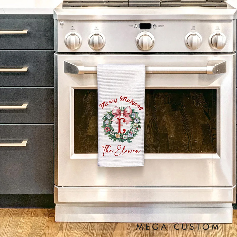 Personalized Bow Garland Christmas Tree Mahjong Waffle Kitchen Towel with Name Baking Tea Dish Towel Holiday Christmas Gift for Family Friend Baking Lover Gift