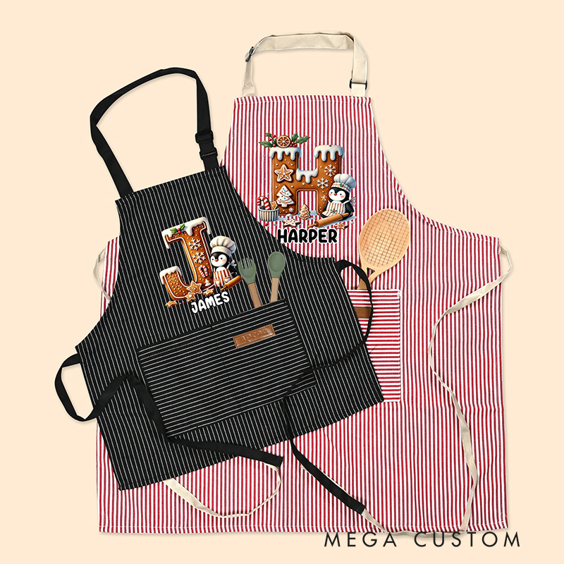 Personalized Christmas Penguin Biscuit Initial Kid Adult Baking Apron with Name and Front Pocket Birthday Christmas Gift for Kids Family