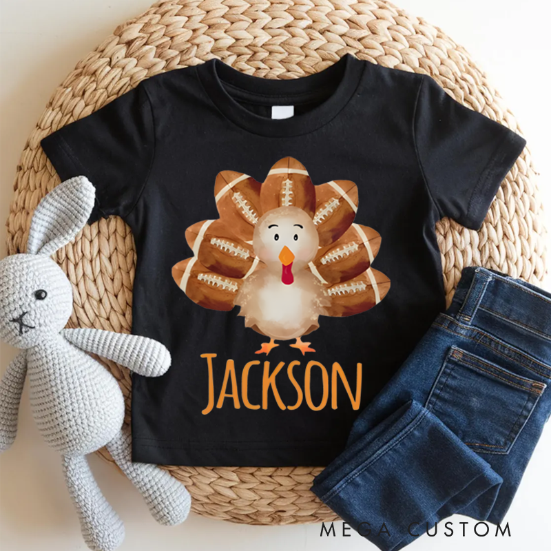 Personalized American Football Thanksgiving Turkey Shirt Custom Name Kids Tee