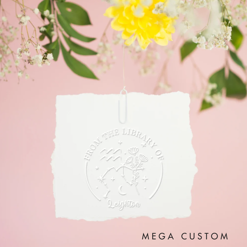 Personalized Zodiac Sign and Birth Flower Theme Book Embosser Stamp with Name Christmas Birthday Gift for Writer Librarian Book Lover
