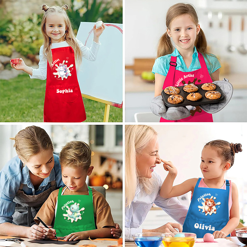 Personalized Cartoon Animal Kids Art Apron Fantasy Unicorn Kid Apron Hat Set with Name Cooking Handcraft Activities Birthday Holiday Gift for Kids