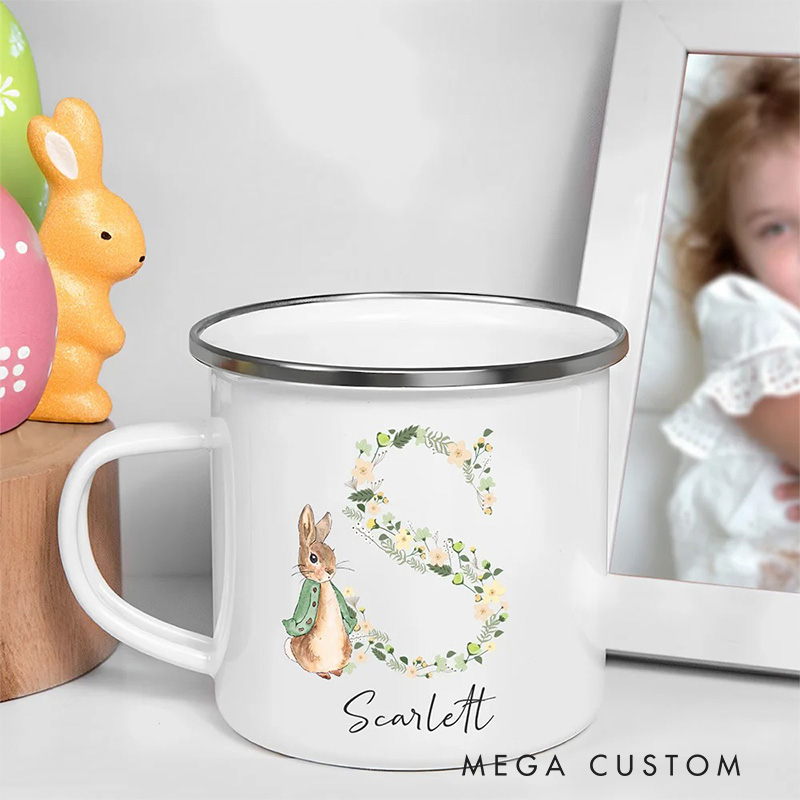Personalized Flora Cute Rabbit Bunny Enamel Mug with Initial and Name Back to School Birthday Easter Gift for Kids