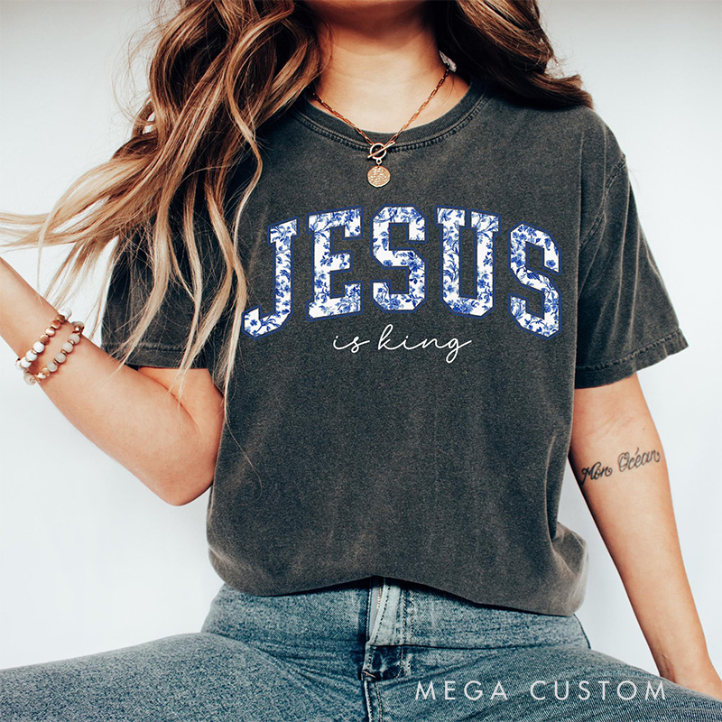 Personalized Jesus is King Toile Washed T-Shirt with Name Vintage Floral Christian Tee Religious Christian Gift