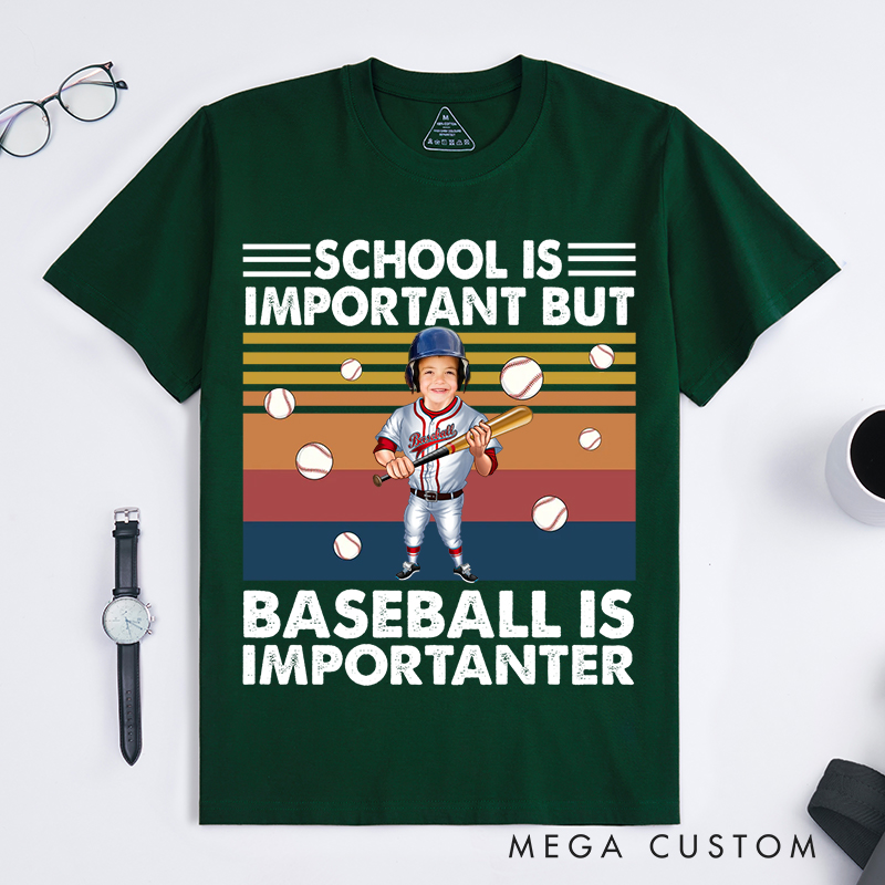 Personalized Baseball T-Shirt with "School Is Important But Baseball Is Importanter" Design with Your Photo