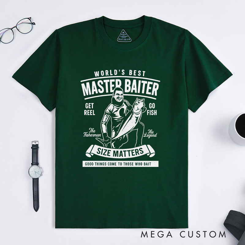 Funny Fishing T-Shirt World's Best Master Baiter Design Custom Photo T-Shirt Perfect Gift for Fishermen Humor Lovers and Outdoor Enthusiasts