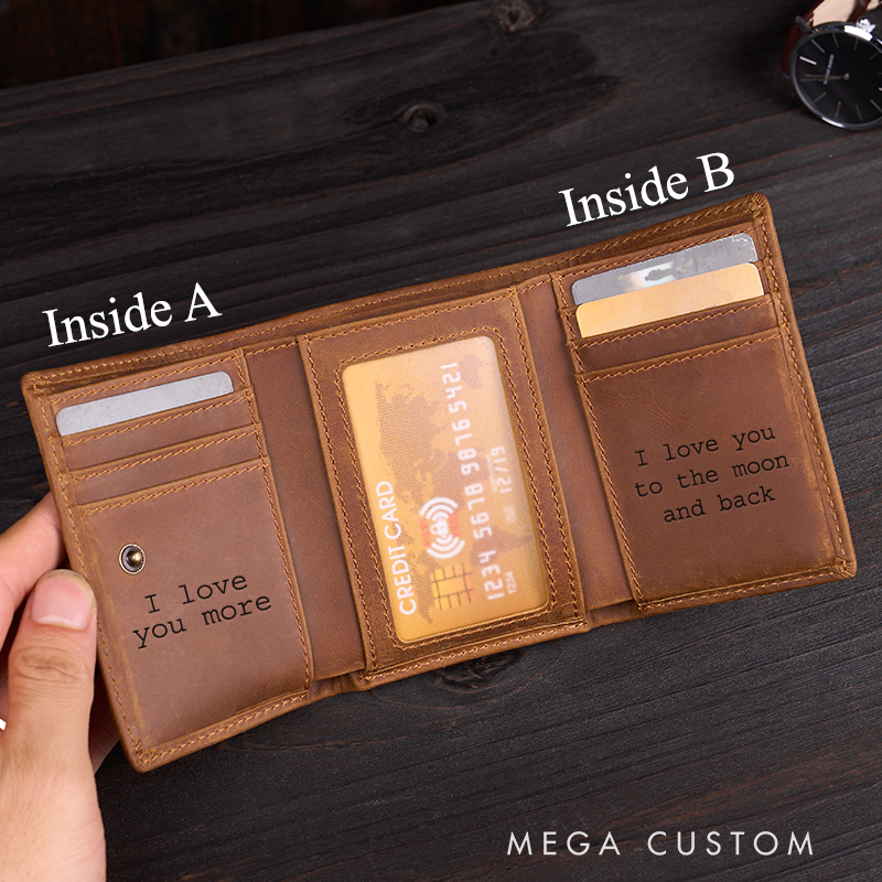Personalized Genuine Leather Wallet Mens Wallet Engraved Wallets with Name Trifold Wallet Leather Gift For Him Gift for Husband Boyfriend Father