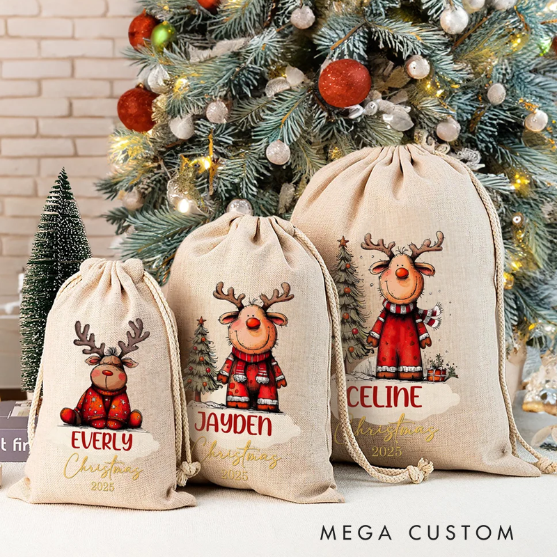 Personalized Cute Cartoon Elk Design Christmas Drawstring Gift Bag with Name Christmas Gift for Kids Family