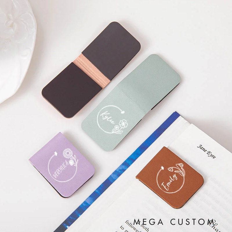 Personalized Birth Flower Magnetic Leather Bookmark Clip with Name Birthday Gift for Book Lovers Bookworms