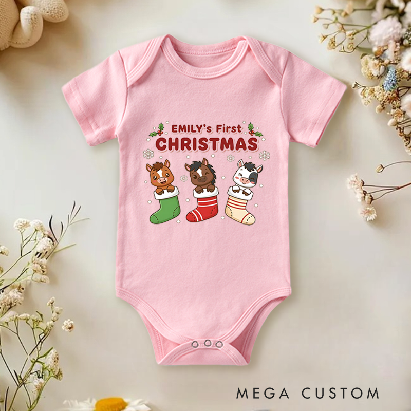 First Christmas Custom Name Baby Onesie Bodysuit with Christmas Stocking Cartoon Cow Design