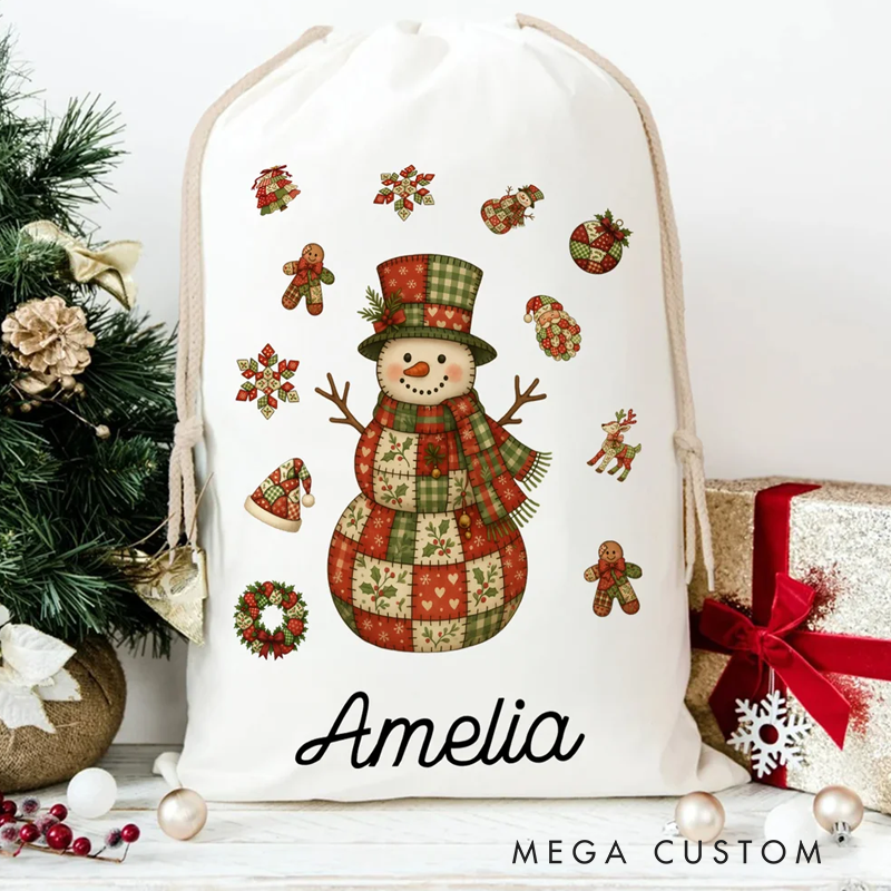 Personalized Patchwork Element Christmas Tree Santa Claus Canvas Drawstring Gift Bag with Name Christmas Gift for Family Kids