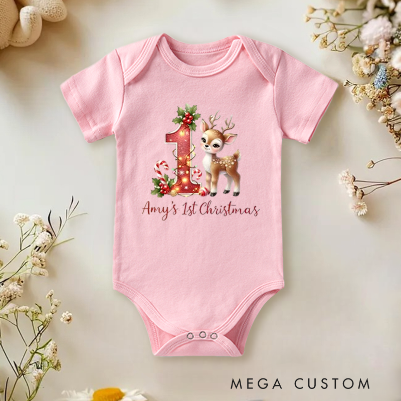 Personalized Baby Onesie and Special Xmas Baby Bodysuit with Deer and Festive Design for Baby's 1st Christmas