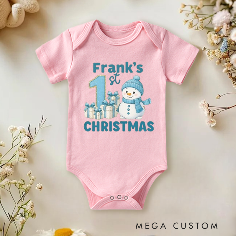 Personalized Baby Onesie and Xmas Baby Bodysuit with Snowman and Gift Design for Baby's 1st Christmas