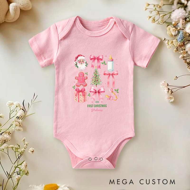Personalized Baby Onesie and Xmas Baby Bodysuit with Festive Combo Design Santa and Gifts All There for Baby's 1st Christmas