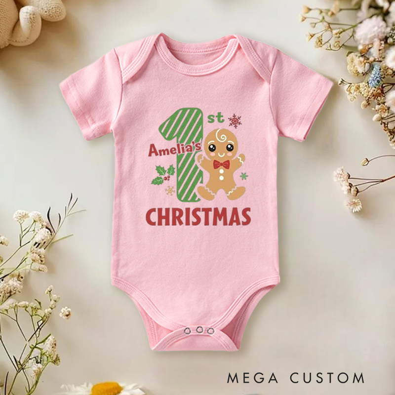 Festive Fun Baby Onesie and Xmas Baby Bodysuit with Gingerbread Man Design for Baby's 1st Christmas