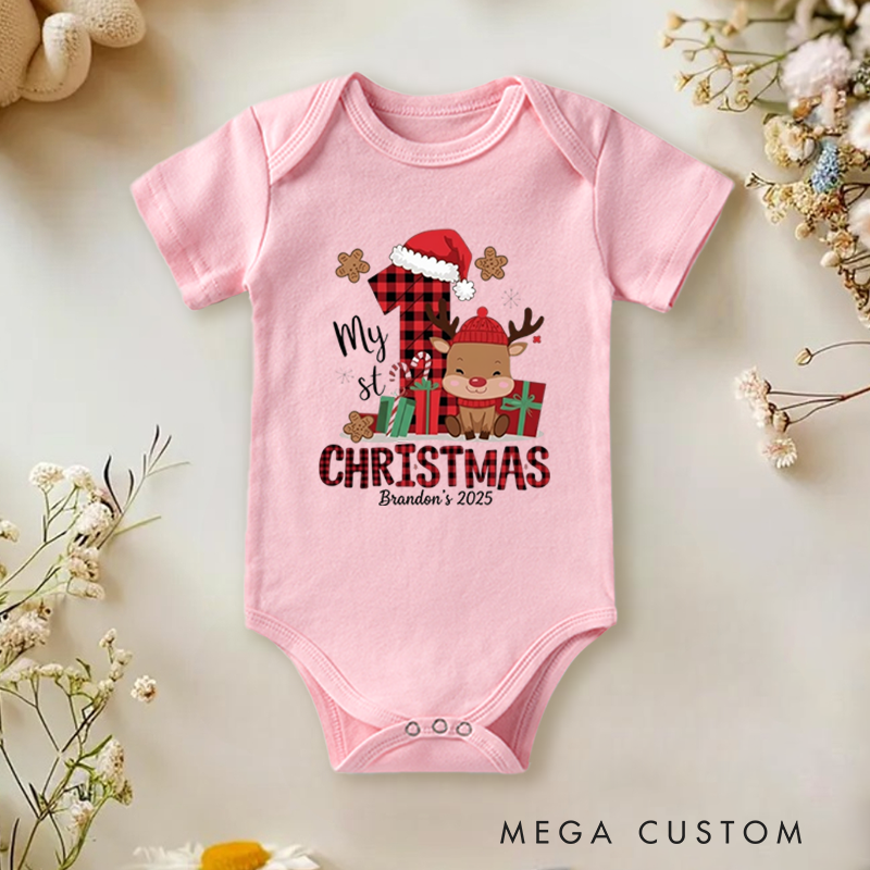 Festive Joy Baby Onesie and Xmas Baby Bodysuit with Reindeer and Gift Design for Baby's 1st Christmas