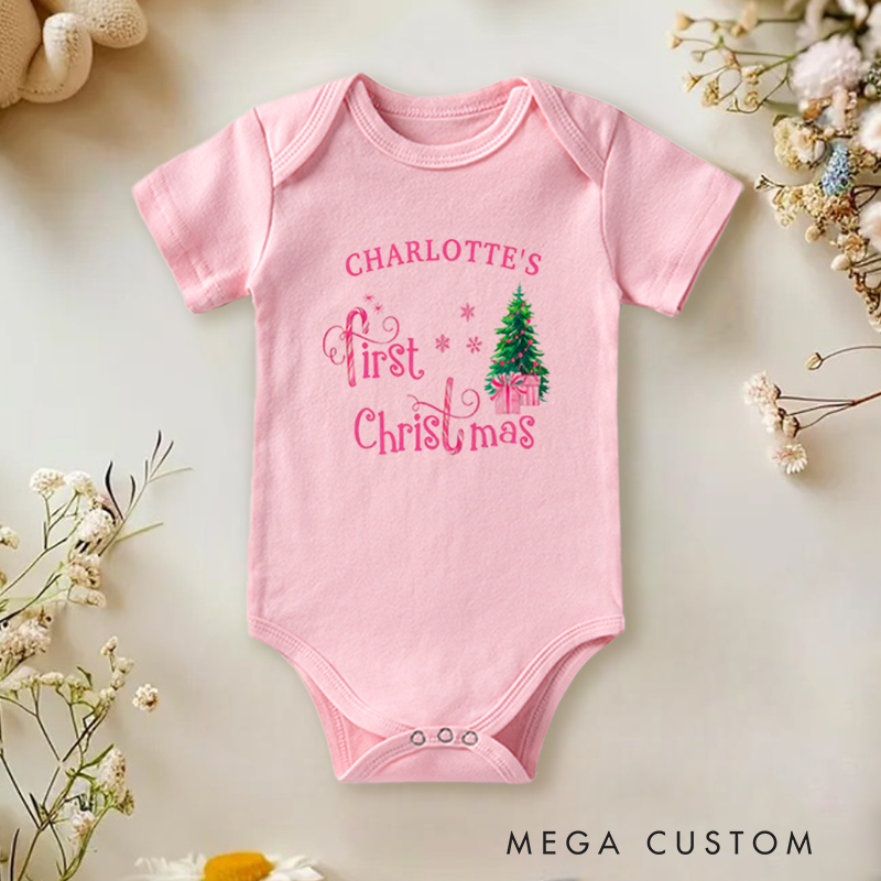 Dreamy Festive Baby Onesie and Xmas Baby Bodysuit with Christmas Tree and Gift Design for Baby Girl's 1st Christmas