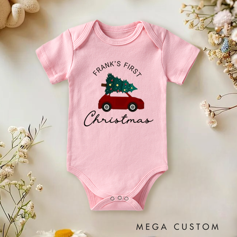 Personalized Baby Onesie and Xmas Baby Bodysuit with Car and Christmas Tree Design for Baby's 1st Christmas