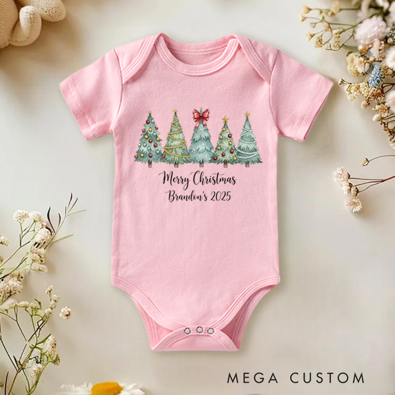 Personalized Baby Onesie and Xmas Baby Bodysuit with Forest Christmas Tree Design for Christmas in 2025