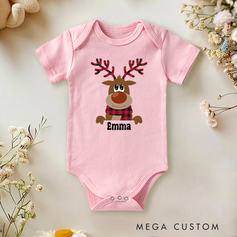 Personalized Baby Onesie and Xmas Baby Bodysuit with Cute Reindeer Design for Baby's Christmas Festive Celebration