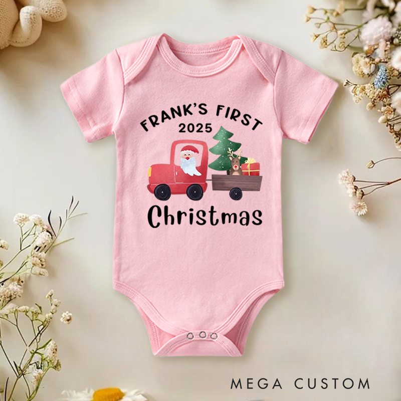 Personalized Baby Onesie and Xmas Baby Bodysuit with Santa and Christmas Tree Truck Design for Baby's 1st Christmas