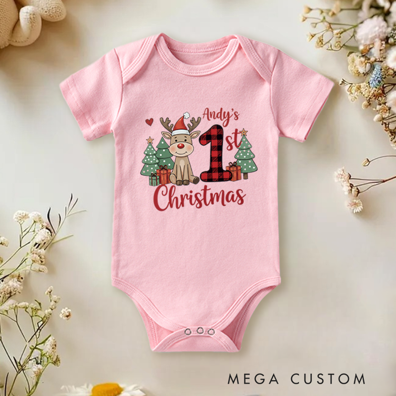 Personalized Baby Onesie and Xmas Baby Bodysuit with Painted Reindeer and Christmas Tree Design for Baby's 1st Christmas