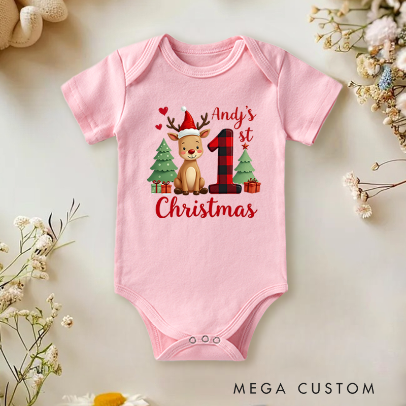 Personalized Baby Onesie and Xmas Baby Bodysuit with 3D Reindeer and Christmas Tree Design for Baby's 1st Christmas
