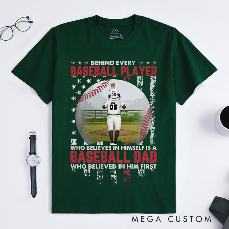Personalized "Behind Every Baseball Player" T-Shirt with Custom Player Name and Number for Proud Dads  