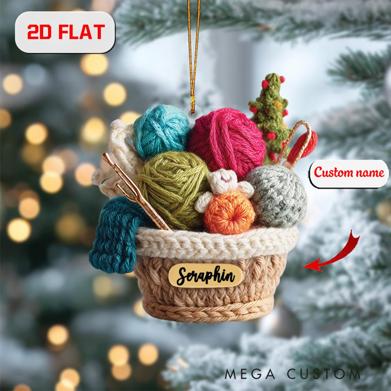 Personalized Knitting Basket Christmas Ornament Acrylic Yarn Decor Holiday Gift for Knitting Lovers