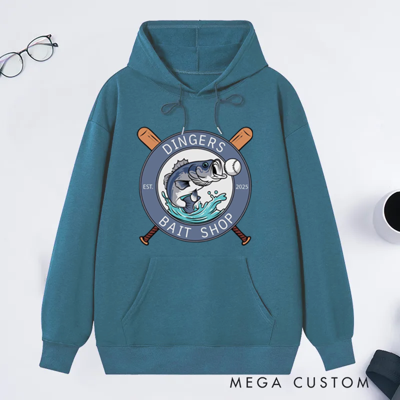 Personalized Dingers Bait Shop Hoodie Funny Fishing Sweatshirt Boys Baseball Gifts Unique Fish and Baseball Design Perfect Gift for Fishing Enthusiasts