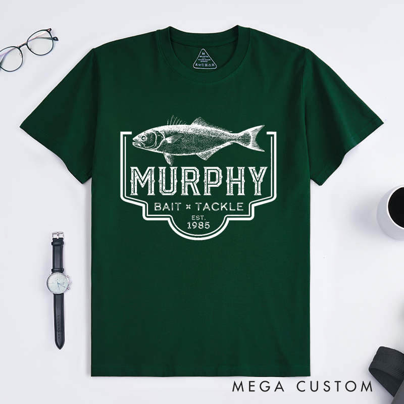 Personalized Murphy Bait and Tackle Fishing T-Shirt Custom Bass Fishing T-Shirt Classic Fish Design Perfect for Fishing Trips Outdoor Adventures and Casual Wear